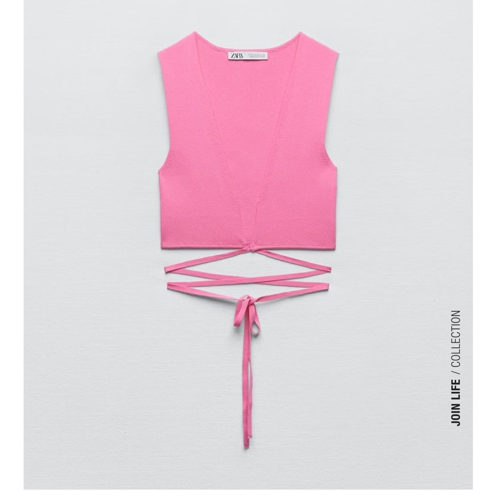 ZARA Knotted crop tie front and belly pink top - Picture 7 of 10